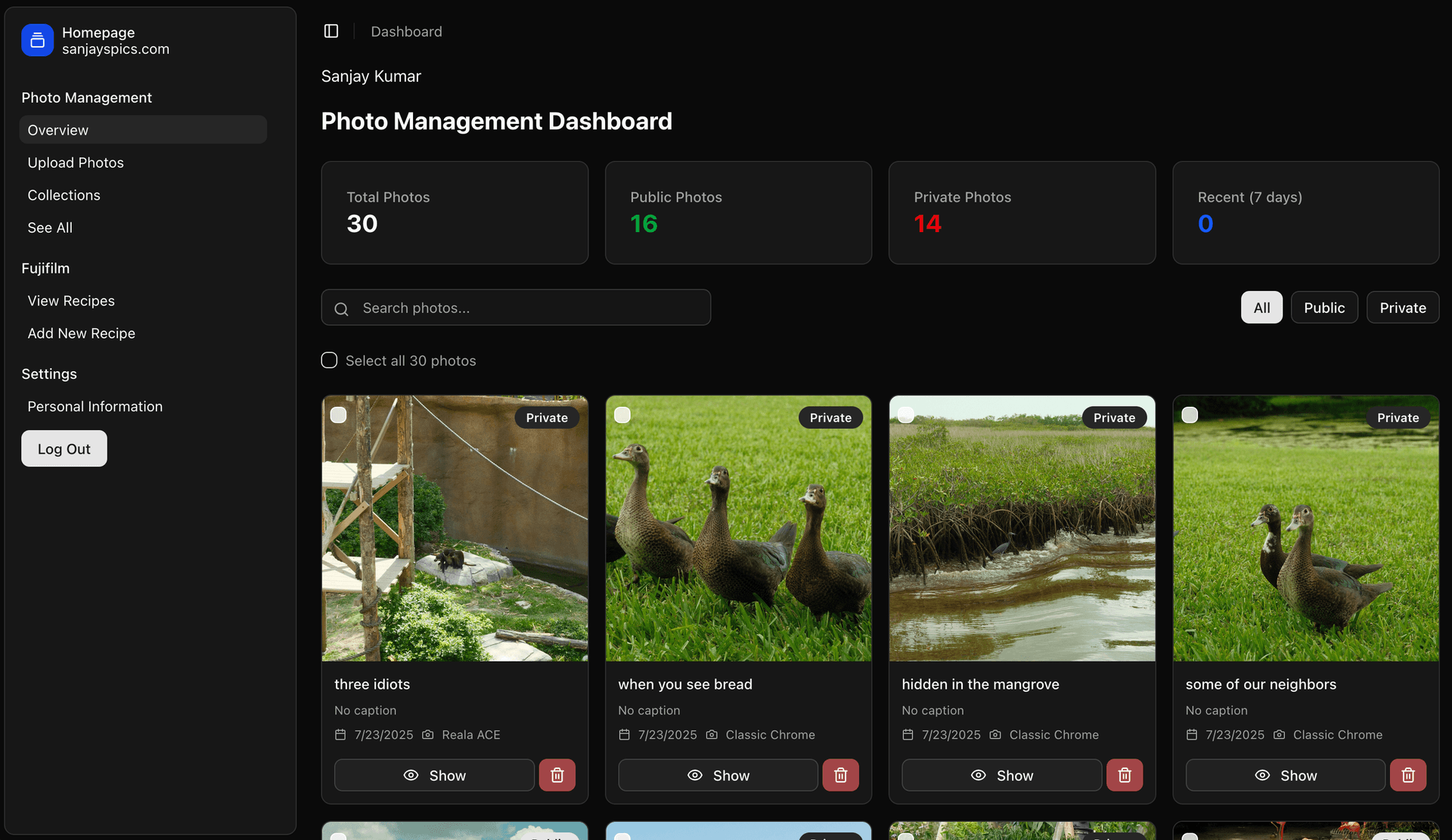 screenshot of the dashboard