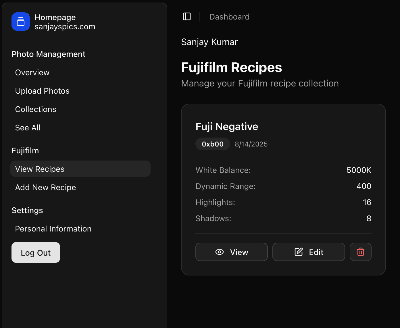 screenshot of the recipe management page