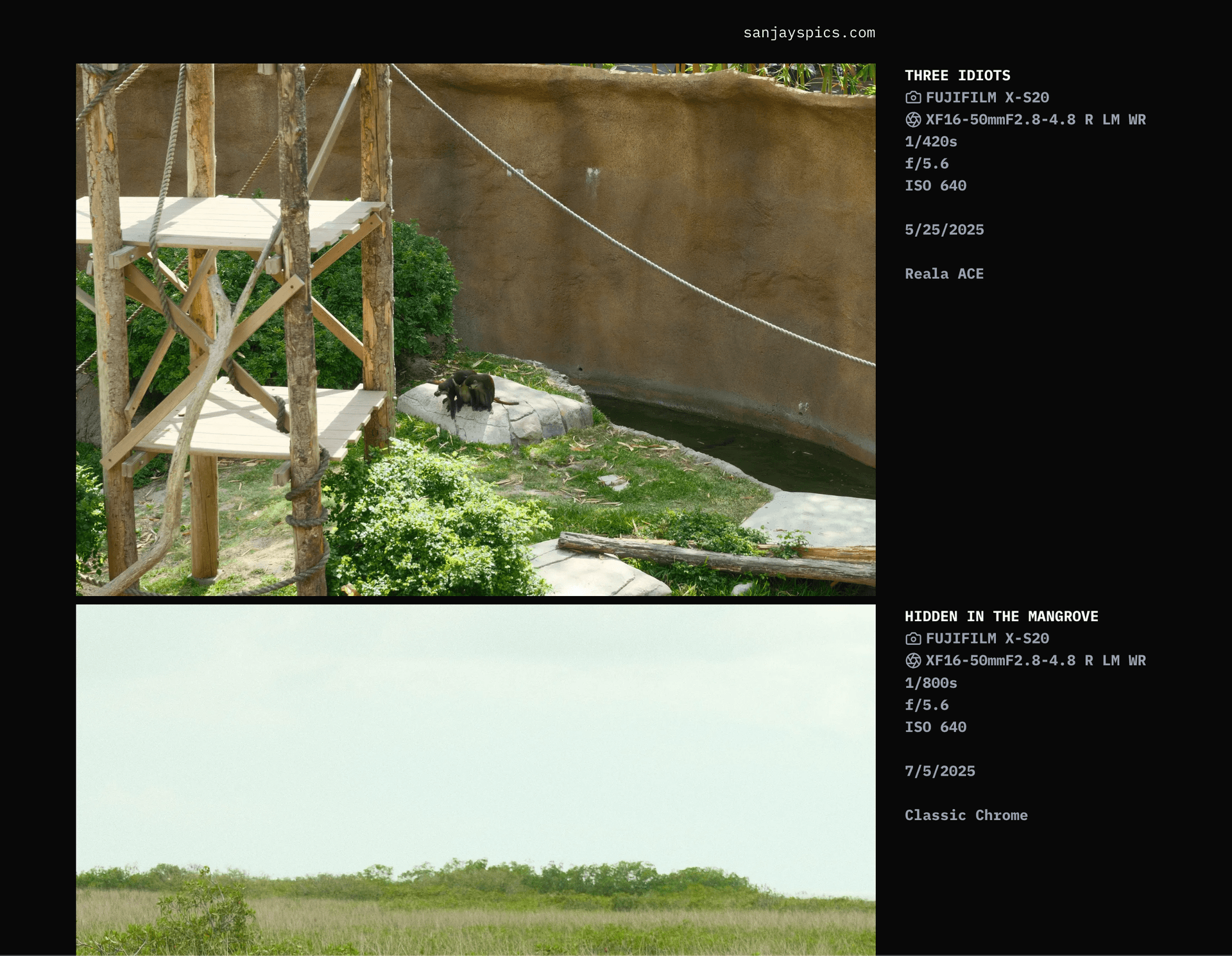 screenshot of the homepage for sanjays pics